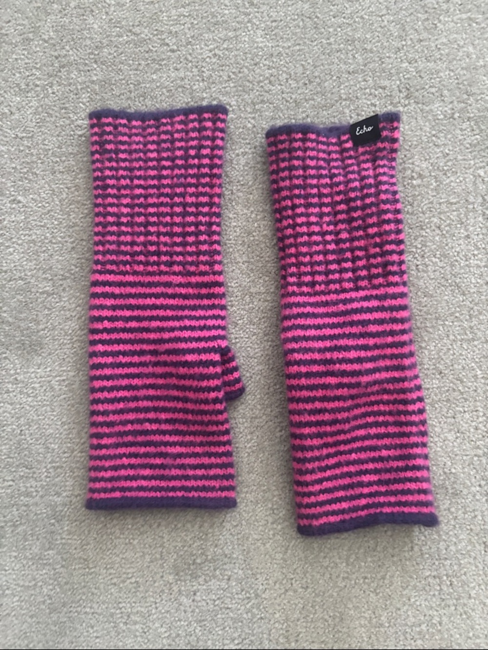 Echo Knit Pink and Purple Striped Fingerless Mittens